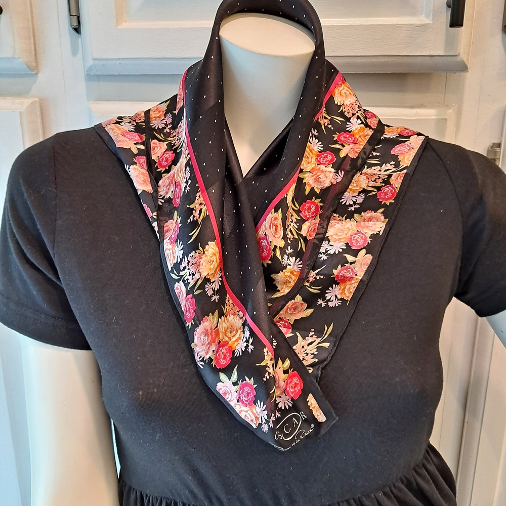 Oscar de la Renta Black Silk Scarf with Pink and Red Floral Pattern